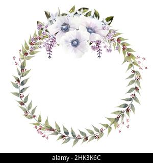 Blumenkranz mit violetten Rosen und Anemonen auf weißem, isoliertem Hintergrund. Handgezeichnete Aquarellillustration Stockfoto