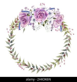 Blumenkranz mit violetten Rosen und Anemonen auf weißem, isoliertem Hintergrund. Handgezeichnete Aquarellillustration Stockfoto