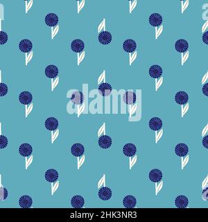 Blütenmuster im nahtlosen geometrischen Stil mit marineblauem Blumendruck. Blauer Hintergrund. Abstrakter Stil. Grafikdesign für Geschenkpapier und Stoff t Stock Vektor