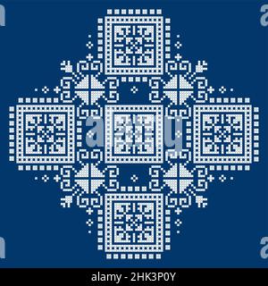 Zmijanje Stickereien Stil Vektor-Muster - traditionelle Volkskunst-Design aus Bosnien und Herzegowina mit abstrakten geometrischen Formen in weiß auf navy blu Stock Vektor