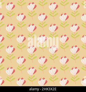 Scrapbook Botanic nahtloses Muster mit handgezeichneter Scribble Blumen drucken. Pastellorangefarbener Hintergrund. Vektorgrafik für saisonale Textildrucke, Stock Vektor