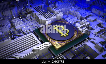 Kryptowährung und Mining-Konzept. 3D Bitcoin-Zeichen auf dem cpu-Prozessor eines Computers im Neonlicht. Kryptoökonomie, virtuelles Geld, Einkommen, Geschäftsidee. Hochwertige 3D-Illustration Stockfoto