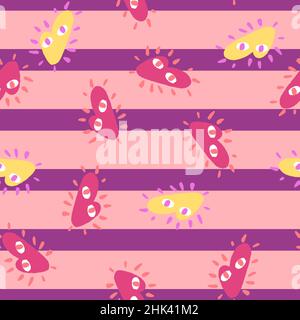 Kindisch zufällig nahtloses Muster mit rosa und gelben abstrakten Herz Ornamenten. Lila gestreifter Hintergrund. Abbildung des Bestandes. Vektor-Design für textil Stock Vektor