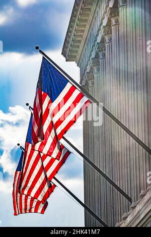 Amerikanische Flaggen im Herbert Hoover Gebäude, Washington DC, USA. Stockfoto