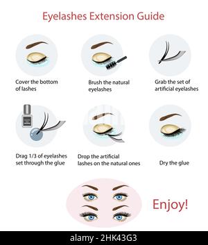 Wimpern Verlängerung Anleitung für Frau. Infografik. Mode und Schönheit. Stock Vektor