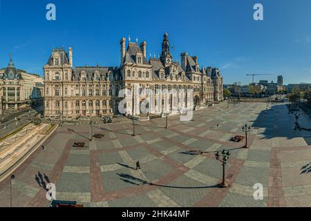 Frankreich. Paris (75): April 8th 2020. Dritte Woche der Gefangenschaft aufgrund der Epidemie des Coronavirus. Hier das Rathaus und der gleichnamige Ort. Am Th Stockfoto