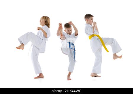 Gruppe von Kindern, Jungen, Taekwondo-Athleten, die Doboks tragen, die auf weißem Hintergrund isoliert zusammen trainieren. Konzept des Sports, Kampfkunst Stockfoto