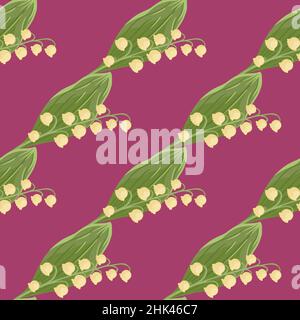 Frühlingsblumen nahtloses Muster mit Maiglöckchen Ornament in grünen Farben. Lila rosa Hintergrund. Grafikdesign für Geschenkpapier und Stoff Stock Vektor