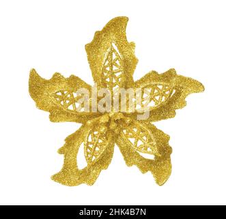 Vorderansicht der goldenen Glitzer Blume Dekoration isoliert auf weiß Stockfoto