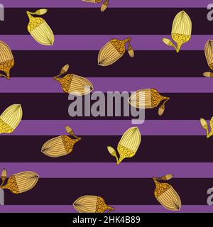 Abstraktes, nahtloses Herbstmuster mit zufälliger Gelb- und Beigetönen-Eichel-Verzierung. Lila gestreifter Hintergrund. Vektor-Illustration für saisonalen Textilprin Stock Vektor