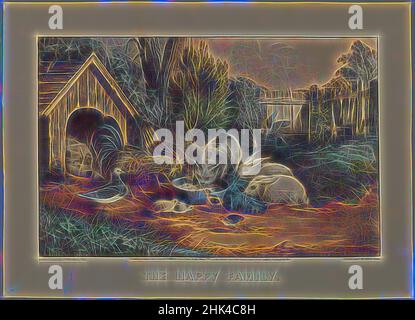 Inspiriert von The Happy Family, Currier & Ives, amerikanisch, handkolorierte Lithographie auf Wove-Papier, n.d., Blatt: 10 5/8 x 14 15/16 Zoll, 27 x 38 cm, Americana, Tiere, Futtertiere, Katze, Hühner, Küken, Hund, Domestic, Fütterung, Fütterung', volkstümlich, Unterarmte, nostalgisch, Haustiere, Tauben, Pflanzen und Tiere, neu erfunden von Artotop. Klassische Kunst neu erfunden mit einem modernen Twist. Design von warmen fröhlichen Leuchten der Helligkeit und Lichtstrahl Strahlkraft. Fotografie inspiriert von Surrealismus und Futurismus, umarmt dynamische Energie der modernen Technologie, Bewegung, Geschwindigkeit und Kultur zu revolutionieren Stockfoto