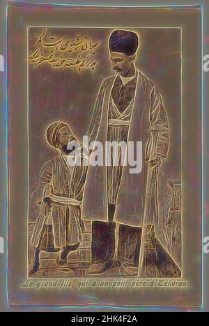 Inspiriert von einem von 274 Vintage-Fotografien, Foto, Ende 19th-Anfang 20th Jahrhundert, Qajar, Qajar-Zeit, 5 1/2 x 3 9/16 Zoll, 14 x 9 cm, Stock, Iran, kleine Person, Zwerg, persisch, persische Schrift, Fotografie, Porträt, Teheran, neu erfunden von Artotop. Klassische Kunst neu erfunden mit einem modernen Twist. Design von warmen fröhlichen Leuchten der Helligkeit und Lichtstrahl Strahlkraft. Fotografie inspiriert von Surrealismus und Futurismus, umarmt dynamische Energie der modernen Technologie, Bewegung, Geschwindigkeit und Kultur zu revolutionieren Stockfoto