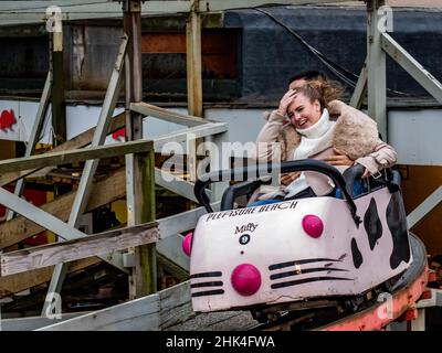 Legacy DSLR Bilder des Vergnügens Strand Blackpool, einschließlich der Old Wild Mouse Ride, Amanda Thompson, Pre Icon, Ghost Train, Big One, Infusion Ice Stockfoto