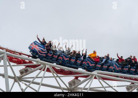 Legacy DSLR Bilder des Vergnügens Strand Blackpool, einschließlich der Old Wild Mouse Ride, Amanda Thompson, Pre Icon, Ghost Train, Big One, Infusion Ice Stockfoto