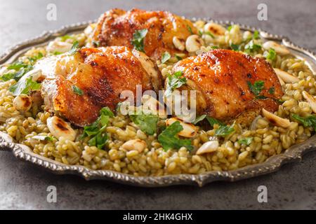 Groats Freekeh mit Huhn ist so eine gut abgerundete arabische Mahlzeit Nahaufnahme in den Teller auf dem Tisch. Horizontal Stockfoto