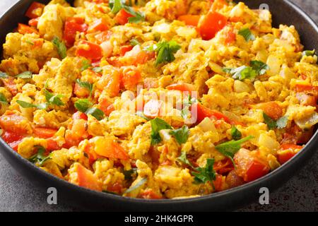 Perfect Egg Bhurji gewürzte indische Rühreier aus der Nähe auf dem Teller auf dem Tisch. Horizontal Stockfoto