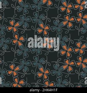 Abstraktes, nahtloses Muster in dunkler Natur mit einem blauen und orangefarbenen Kleeblatt-Druck. Schwarzer Hintergrund. Grafikdesign für Geschenkpapier und Stoff Stock Vektor