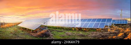 Sonnenkollektoren bei Sonnenuntergang. Industrielandschaft mit Photovoltaik-Kraftwerk. Umweltkonzept. Solar Farm produziert alternative grüne Energie. Stockfoto