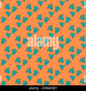 Heller Kontrast blau Glockenblume Ornament nahtlose Natur wild Muster. Orangefarbener Hintergrund. Botanischer Druck. Vektor-Illustration für saisonalen Textilprin Stock Vektor