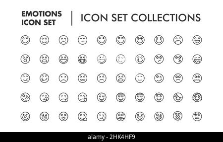 Umfangreiche Sammlung von Symbolen für Line Emoticons, die verschiedene Emotionen für Webdesign und App-Entwicklung darstellen. Stock Vektor
