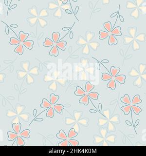 Weiße und rosa Zufallsklee Blätter Silhouetten nahtlose Muster. Blauer Hintergrund. Schlichter Stil. Grafikdesign für Geschenkpapier und Stofftextur Stock Vektor