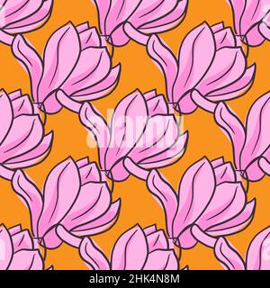 Rosa Umriss große Mognolia Blumen nahtlose Muster. Orangefarbener heller Hintergrund. Leuchtendes Blütenmuster. Vektorgrafik für saisonale Textildrucke, Fab Stock Vektor