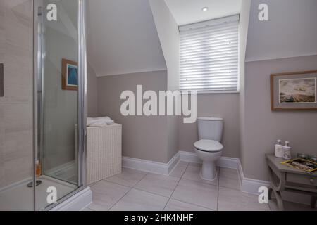 Alconbury Weald, Cambridgeshire - Oktober 17 2016: Modernes, stilvolles Duschbad mit teilweise gefliesten Wänden und WC-wc. Stockfoto