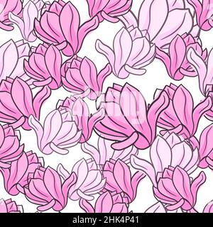 Handgezeichnetes, nahtloses Doodle-Muster mit abstraktem, zufälliger rosa Umrandung und Magnolienblütendruck. Vektorgrafik für saisonale Textildrucke, Stoff, Stock Vektor