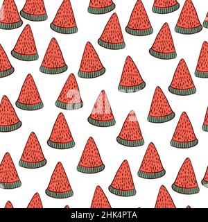 Isoliertes Sommerfutter, nahtloses Muster mit kleinen rosafarbenen Bio-Wassermelonen-Scheiben. Weißer Hintergrund. Grafikdesign für Geschenkpapier und Stofftextu Stock Vektor
