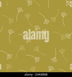 Vintage Nahtloses Muster in grüner olivfarbener blasser Farbe mit Doodle-Dandelion-Blüten Formen. Vektorgrafik für saisonale Textildrucke, Stoff, Bann Stock Vektor