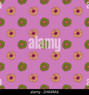 Grün und gelb gefärbte Sonnenblumen Silhouetten nahtlose Muster. Lila Hintergrund. Botanischer Hintergrund. Vektorgrafik für saisonale Textildrucke, Stock Vektor