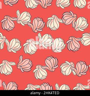 Nahtloses Blumenmuster im Summet-Stil mit umrissem, zufälligem Magnoliendruck. Roter Hintergrund. Vektorgrafik für saisonale Textildrucke, fabr Stock Vektor