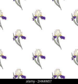 Dekorative nahtlose Muster mit isolierten Doodle lila Iris Blume Formen. Weißer Hintergrund. Einfacher Druck. Vektorgrafik für saisonale Textilien p Stock Vektor