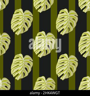 Abstraktes, botanisches Nahtloses Muster mit grünen Monstera-Blättern. Gestreifter Hintergrund. Blattdruck. Abbildung des Bestandes. Vektor-Design für Textil, Stock Vektor