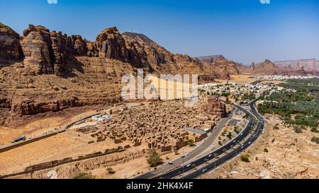 Luftaufnahme der Altstadt von Al Ula, Königreich Saudi-Arabien, Naher Osten Stockfoto