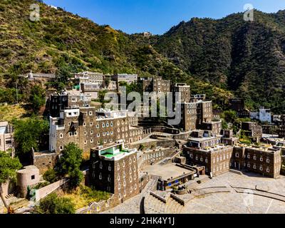 Luftaufnahme des Bergdorfes Rijal Almaa, Asir-Gebirge, Königreich Saudi-Arabien, Naher Osten Stockfoto