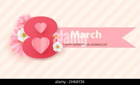 8. März, Grußkarte zum Frauentag mit Kamillenblume. Hintergrund in Pastellfarben mit geometrischem Muster. Stock Vektor