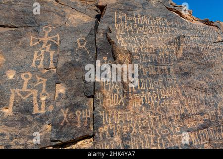Felszeichnungen, Felszeichnungen und Inschriften von Bir Hima, UNESCO-Weltkulturerbe, Najran, Königreich Saudi-Arabien, Naher Osten Stockfoto