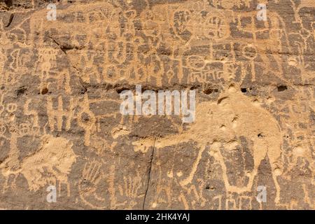 Felszeichnungen, Felszeichnungen und Inschriften von Bir Hima, UNESCO-Weltkulturerbe, Najran, Königreich Saudi-Arabien, Naher Osten Stockfoto