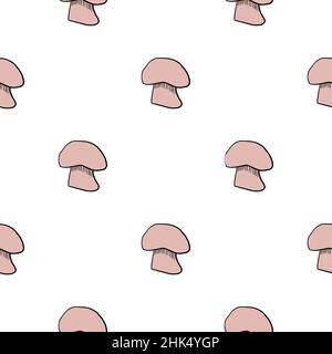 Saisonales Nahtloses Muster mit Champignon-Pilz-Umriss rosa Ornament. Isolierter Druck. Vektorgrafik für saisonale Textildrucke, Stoff, Ban Stock Vektor