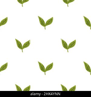 Dekoratives Nahtmuster mit vereinzelten kleinen grünen Blattelementen. Minimalistischer Hintergrund im Laub. Vektorgrafik für saisonale Textildrucke Stock Vektor
