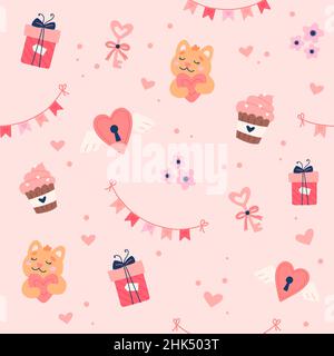 Valentinstag-Muster mit niedlichen Herzen, Katzen und Girlanden. Handgezeichnete Vektorgrafik Stock Vektor