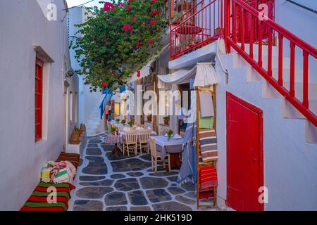 Blick auf das Café in der farbenfrohen engen gepflasterten Straße, Mykonos-Stadt, Mykonos, Kykladen-Inseln, griechischen Inseln, Ägäis, Griechenland, Europa Stockfoto