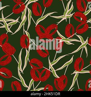Abstrakte rote Tulpenblumen Formen ein nahtloses Muster im abstrakten Stil. Zufälliger Druck mit grünem Hintergrund. Grafikdesign für Geschenkpapier und Stoff Stock Vektor