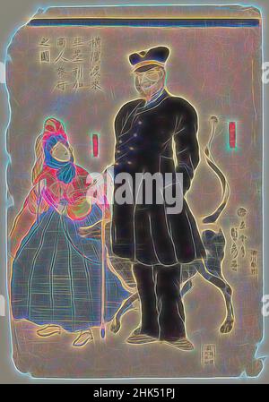 Inspiriert von einem amerikanischen Händler und seiner Tochter, die in Yokohama spazieren ging, Utagawa Sadahide, japanisch, 1807-ca. 1873, Farbholzschnitt auf Papier, Japan, 19th. Jahrhundert, späte Edo-Zeit, 14 1/4 x 9 3/4 Zoll, 36,2 x 24,8 cm, neu gestaltet von Artotop. Klassische Kunst neu erfunden mit einem modernen Twist. Design von warmen fröhlichen Leuchten der Helligkeit und Lichtstrahl Strahlkraft. Fotografie inspiriert von Surrealismus und Futurismus, umarmt dynamische Energie der modernen Technologie, Bewegung, Geschwindigkeit und Kultur zu revolutionieren Stockfoto