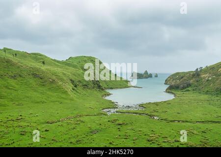 The Sheltered Cooks Cove (Opoutama), Tolaga Bay, Ostküste, Nordinsel, Neuseeland. Captain Cook verankerte sie 1769. Stockfoto