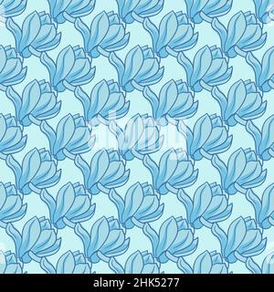 Dekoratives Natur-Nahtloses Muster in Blautönen mit Magnolienblüten-Elementen. Vektorgrafik für saisonale Textildrucke, Stoff, Banner, Bac Stock Vektor