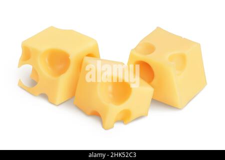 Käsewürfel isoliert auf weißem Hintergrund mit Beschneidungspfad und voller Schärfentiefe Stockfoto