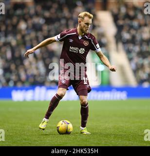 Easter Road Stadium, Edinburgh.Schottland UK.1st Feb 22 Hibernian vs Heart of Midlothian Cinch Premiership Match. Nathaniel Atkinson Heart of Midlothian Kredit: eric mccowat/Alamy Live News Stockfoto