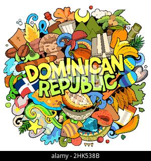 Dominikanische Republik handgezeichnete Cartoon Doodle Illustration. Lustiges Dominikanisches Design. Kreativer Vektorhintergrund. Handgeschriebener Text mit nordamerikanischem Text Stock Vektor